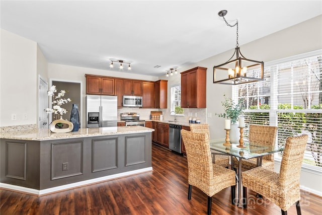 kitchen featuring a peninsula, dark wood-type flooring, stainless steel appliances, and hanging light fixtures