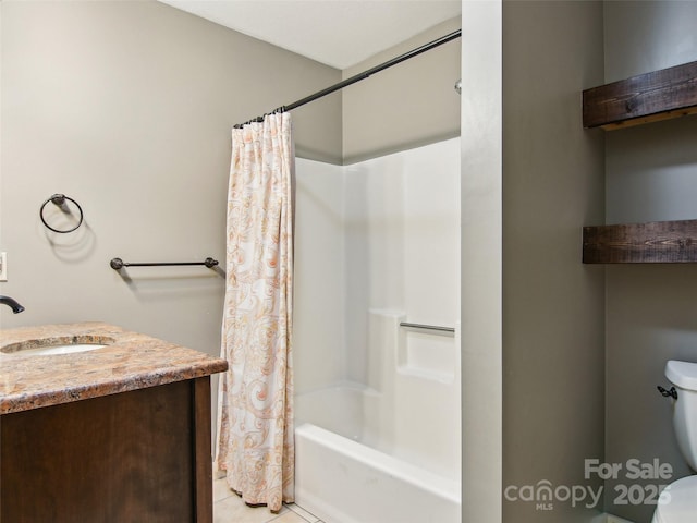 full bathroom with vanity, shower / bathtub combination with curtain, and toilet