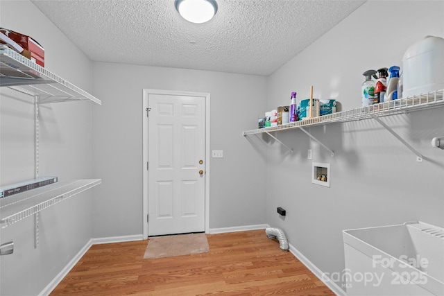 clothes washing area featuring laundry area, hookup for a washing machine, baseboards, and light wood-style floors