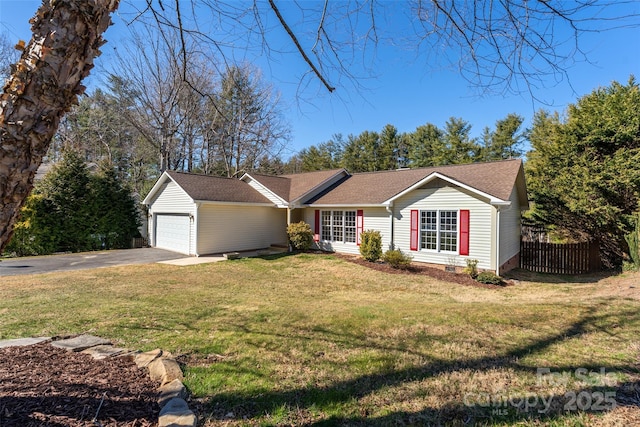 ranch-style house featuring a front lawn, aphalt driveway, fence, an attached garage, and crawl space