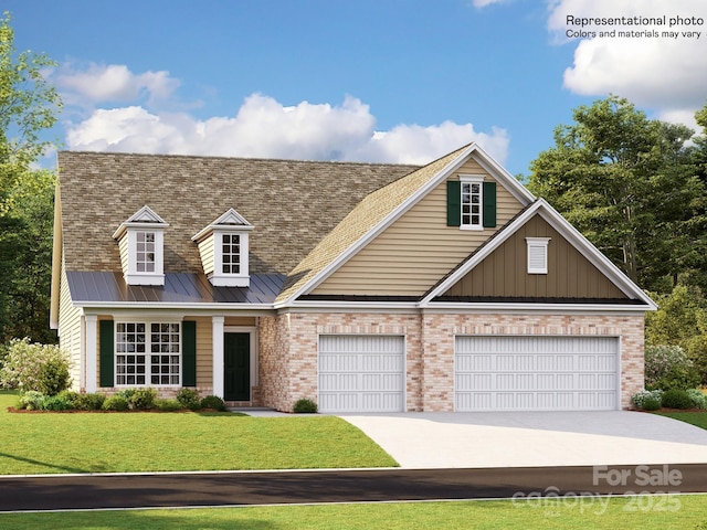 view of front of home featuring brick siding, a garage, driveway, and a front yard