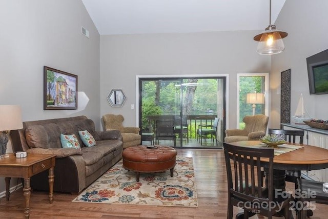 living room with hardwood / wood-style flooring and high vaulted ceiling