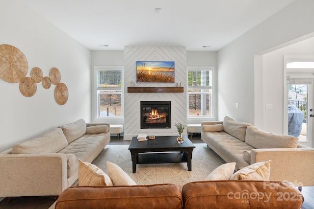 living room with a large fireplace, wood-type flooring, and a wealth of natural light