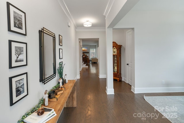 4159 Millstream Rd, Denver, NC 28037 - hallway with ornate columns, dark wood-style flooring, baseboards, and ornamental molding