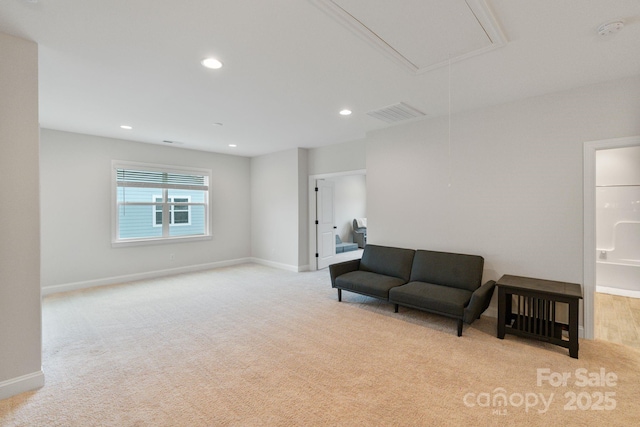 4159 Millstream Rd, Denver, NC 28037 - living area with baseboards, visible vents, light colored carpet, and attic access