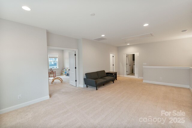 4159 Millstream Rd, Denver, NC 28037 - living area featuring baseboards, recessed lighting, attic access, visible vents, and light colored carpet