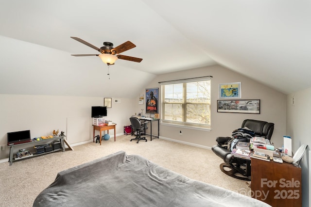 bedroom featuring carpet flooring, vaulted ceiling, baseboards, and ceiling fan