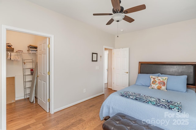 bedroom with ceiling fan, light wood finished floors, a walk in closet, and baseboards