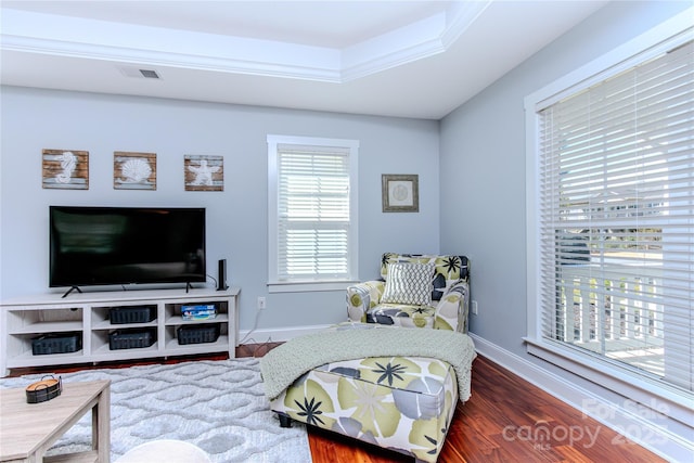 interior space with ornamental molding, dark hardwood / wood-style flooring, and a raised ceiling