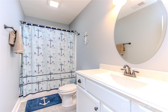 bathroom with vanity, tile patterned flooring, toilet, and walk in shower