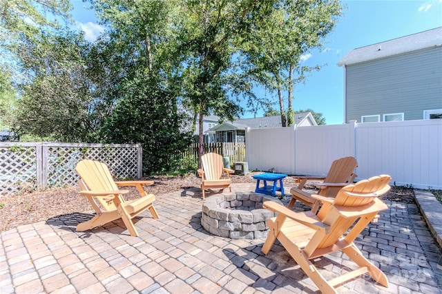 view of patio / terrace with a fire pit