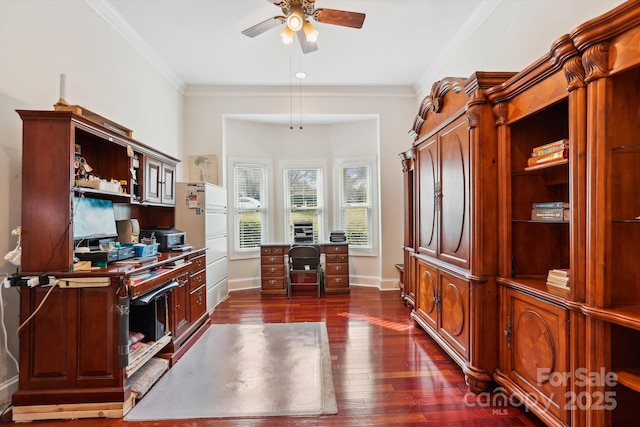 interior space with ceiling fan, baseboards, dark wood finished floors, and crown molding