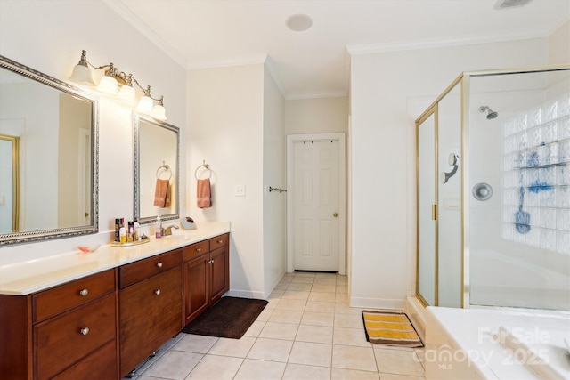 bathroom featuring a tub to relax in, a stall shower, ornamental molding, and tile patterned floors