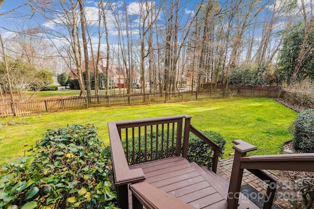 deck with a fenced backyard and a lawn