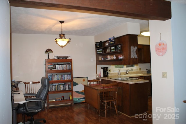 bar with beam ceiling, dark wood-type flooring, dark brown cabinets, and decorative light fixtures