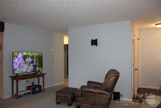 sitting room featuring carpet floors and a textured ceiling