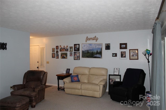 living room featuring a textured ceiling and carpet