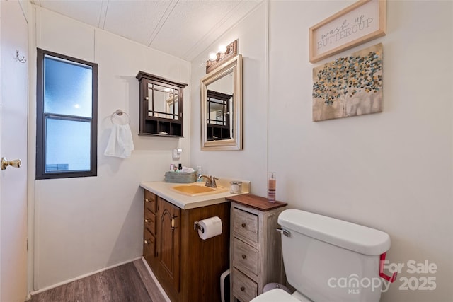 bathroom with vanity, wood-type flooring, and toilet