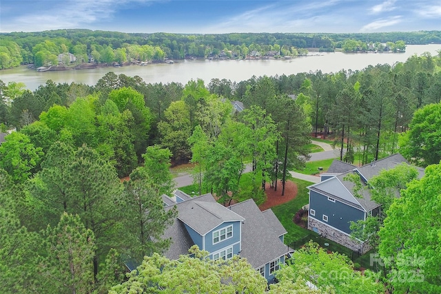 drone / aerial view featuring a view of trees and a water view