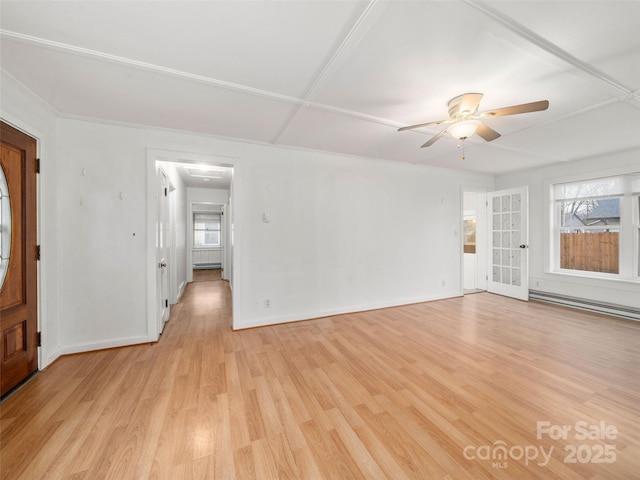 interior space with a baseboard radiator, ceiling fan, and light hardwood / wood-style floors