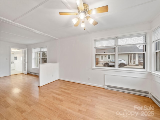 empty room featuring a baseboard radiator, ceiling fan, and light hardwood / wood-style floors