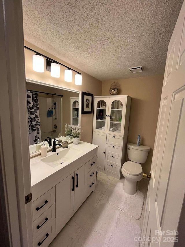 bathroom featuring vanity, a textured ceiling, and toilet