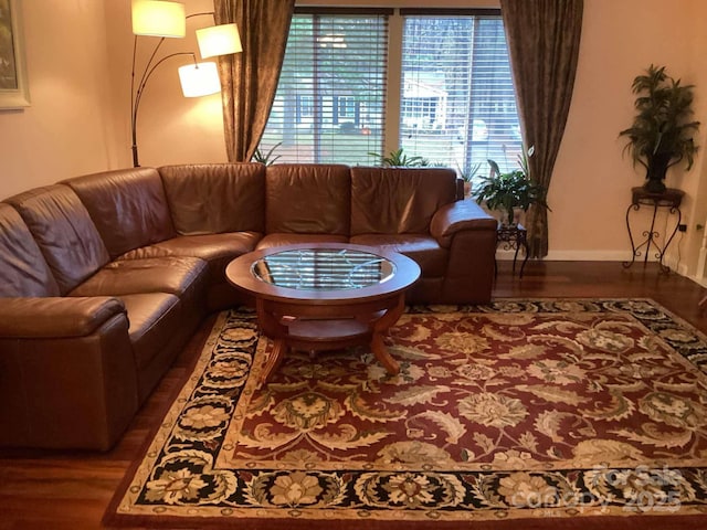 living room with dark hardwood / wood-style flooring