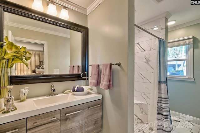 full bathroom featuring baseboards, crown molding, a shower stall, and vanity