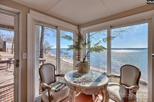 sunroom featuring a healthy amount of sunlight and a water view