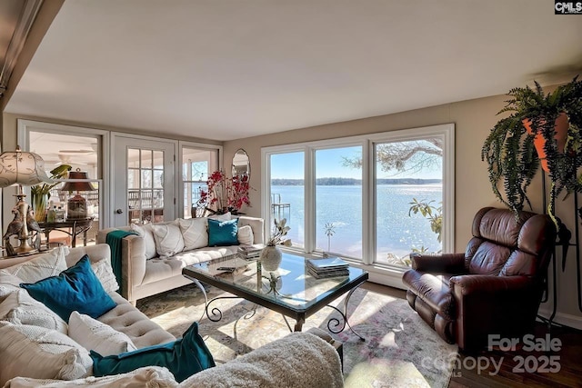 living room with a water view