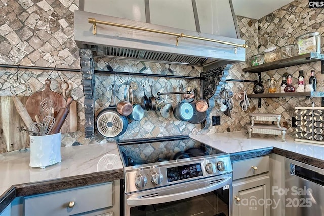 kitchen with tasteful backsplash, dark countertops, stainless steel electric range oven, and ventilation hood