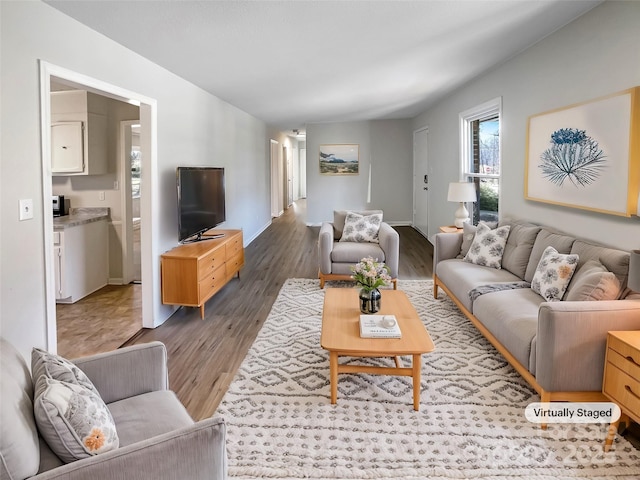 living room with dark hardwood / wood-style flooring