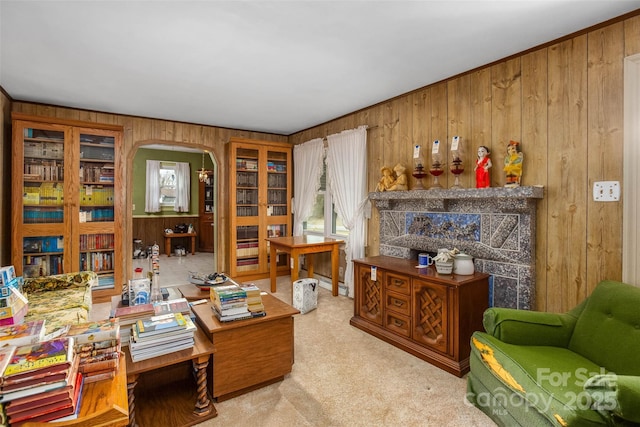 office area with light carpet, plenty of natural light, and wooden walls