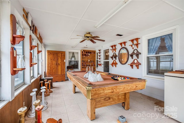 game room with ceiling fan, billiards, and light tile patterned floors