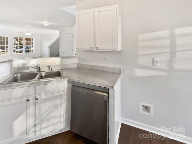 kitchen with white cabinets, stainless steel dishwasher, ceiling fan, sink, and kitchen peninsula