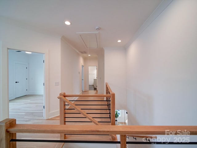 hallway featuring crown molding and hardwood / wood-style floors