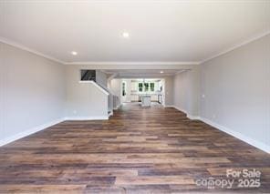 114 Glencoe Ln Unit 106, Mooresville, NC 28117 - unfurnished living room with ornamental molding, wood finished floors, stairs, and recessed lighting