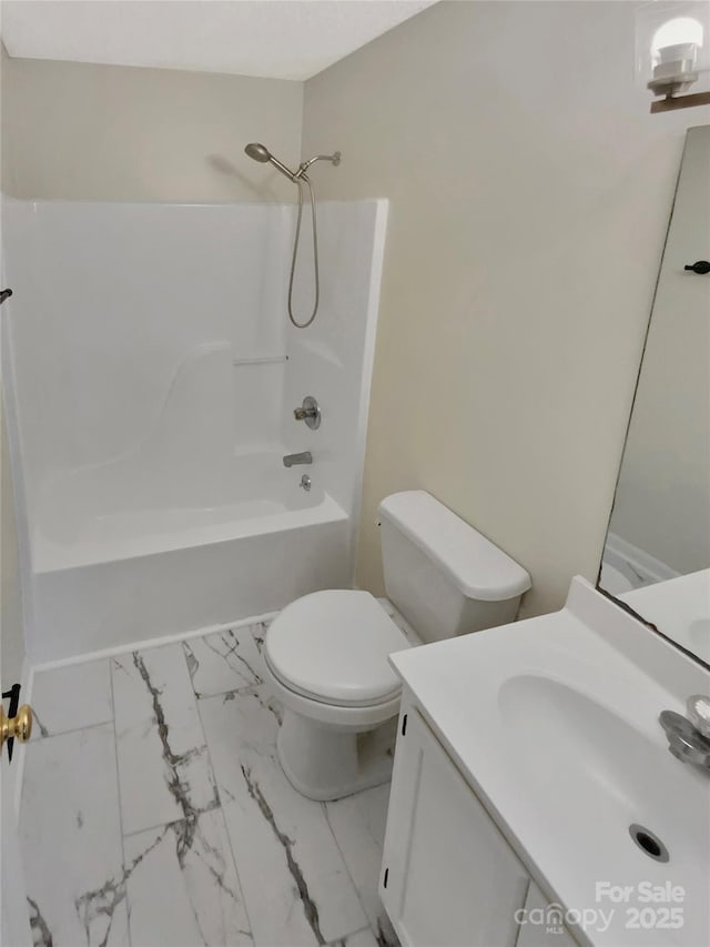 full bathroom with vanity,  shower combination, and toilet