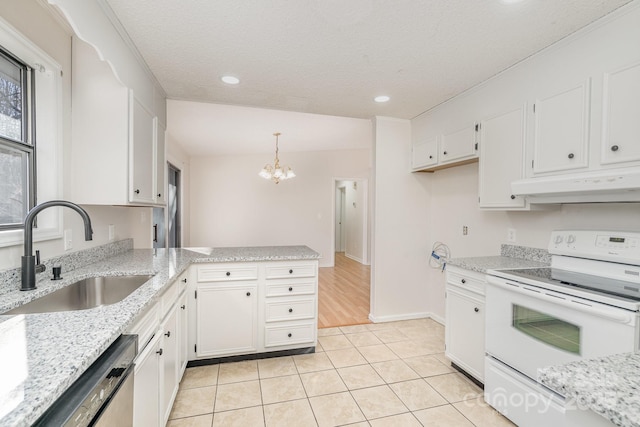 kitchen with pendant lighting, sink, white cabinetry, electric range, and stainless steel dishwasher