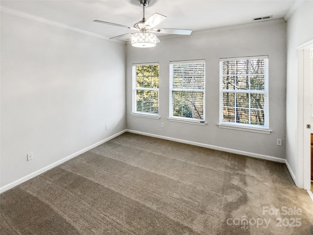 spare room with carpet, plenty of natural light, and crown molding