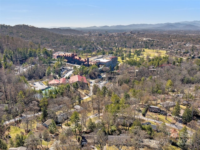 drone / aerial view with a mountain view and a view of trees