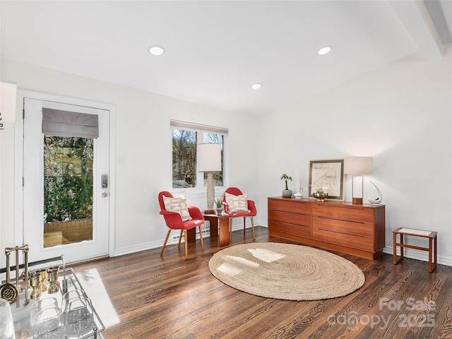 sitting room featuring recessed lighting, baseboards, and wood finished floors