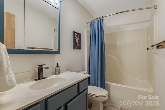 bathroom featuring toilet, shower / bathtub combination with curtain, a textured ceiling, and vanity