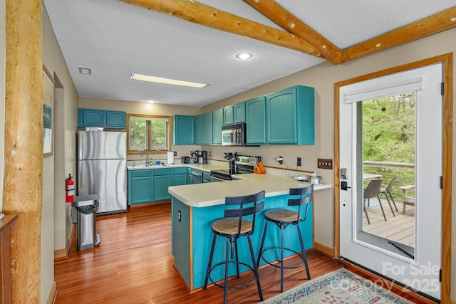 114 Spruce Hollow Rd, Beech Mountain, NC 28604 - kitchen with stainless steel appliances, a sink, a textured ceiling, a peninsula, and light wood-style flooring