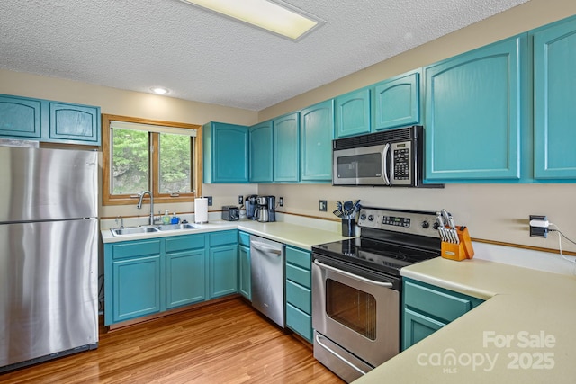 114 Spruce Hollow Rd, Beech Mountain, NC 28604 - kitchen featuring appliances with stainless steel finishes, a sink, a textured ceiling, light wood-style flooring, and light countertops