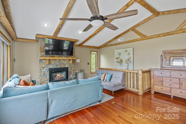 114 Spruce Hollow Rd, Beech Mountain, NC 28604 - living room with wood finished floors, ceiling fan, a stone fireplace, and recessed lighting
