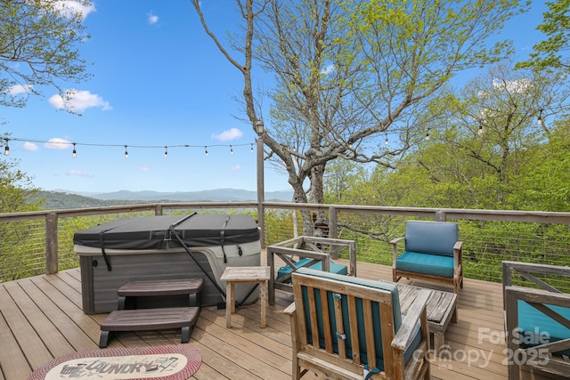 114 Spruce Hollow Rd, Beech Mountain, NC 28604 - deck with a hot tub and a mountain view