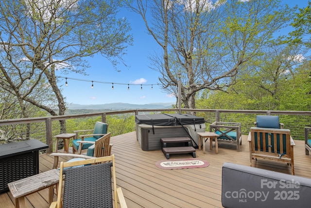 114 Spruce Hollow Rd, Beech Mountain, NC 28604 - wooden terrace featuring a hot tub and a mountain view