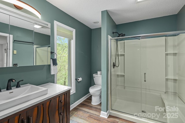 114 Spruce Hollow Rd, Beech Mountain, NC 28604 - bathroom featuring a stall shower, vanity, wood finished floors, toilet, and a textured ceiling