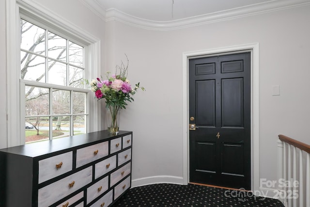 entryway with crown molding and carpet flooring